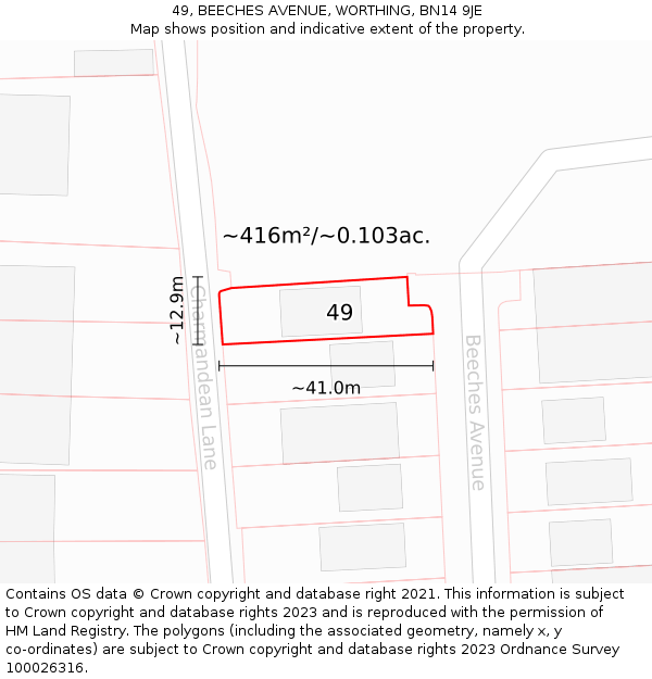 49, BEECHES AVENUE, WORTHING, BN14 9JE: Plot and title map