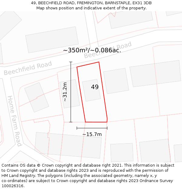 49, BEECHFIELD ROAD, FREMINGTON, BARNSTAPLE, EX31 3DB: Plot and title map