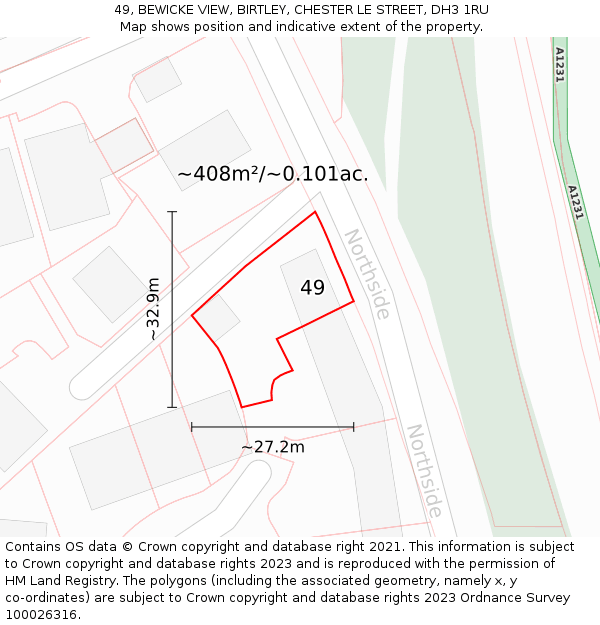 49, BEWICKE VIEW, BIRTLEY, CHESTER LE STREET, DH3 1RU: Plot and title map