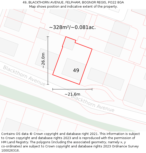 49, BLACKTHORN AVENUE, FELPHAM, BOGNOR REGIS, PO22 8GA: Plot and title map