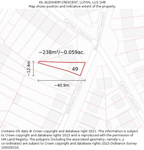 49, BLENHEIM CRESCENT, LUTON, LU3 1HB: Plot and title map