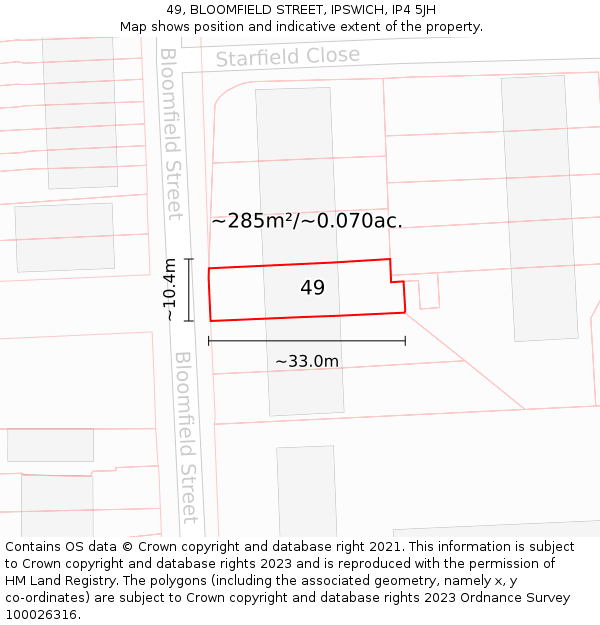 49, BLOOMFIELD STREET, IPSWICH, IP4 5JH: Plot and title map