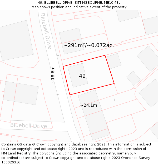 49, BLUEBELL DRIVE, SITTINGBOURNE, ME10 4EL: Plot and title map