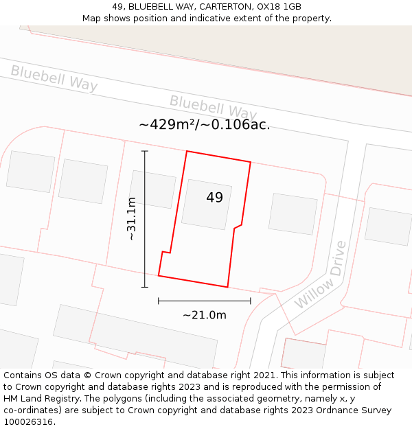 49, BLUEBELL WAY, CARTERTON, OX18 1GB: Plot and title map