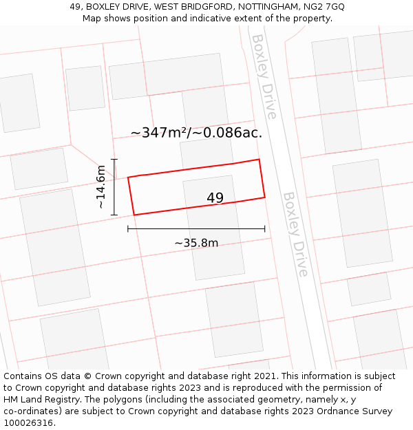 49, BOXLEY DRIVE, WEST BRIDGFORD, NOTTINGHAM, NG2 7GQ: Plot and title map