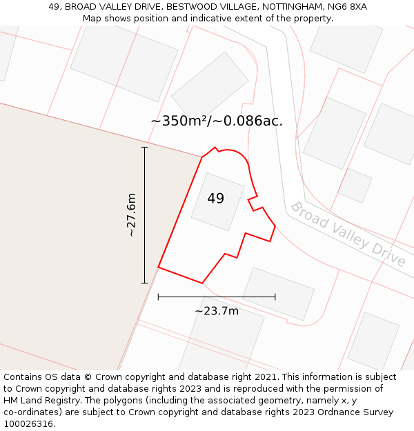 49, BROAD VALLEY DRIVE, BESTWOOD VILLAGE, NOTTINGHAM, NG6 8XA: Plot and title map