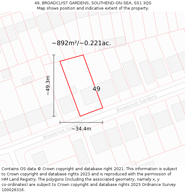 49, BROADCLYST GARDENS, SOUTHEND-ON-SEA, SS1 3QS: Plot and title map