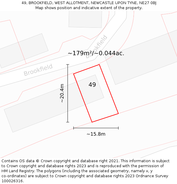 49, BROOKFIELD, WEST ALLOTMENT, NEWCASTLE UPON TYNE, NE27 0BJ: Plot and title map