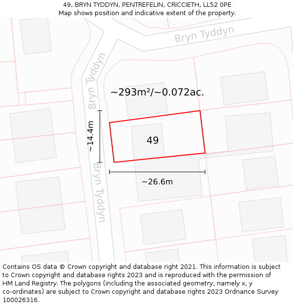 49, BRYN TYDDYN, PENTREFELIN, CRICCIETH, LL52 0PE: Plot and title map