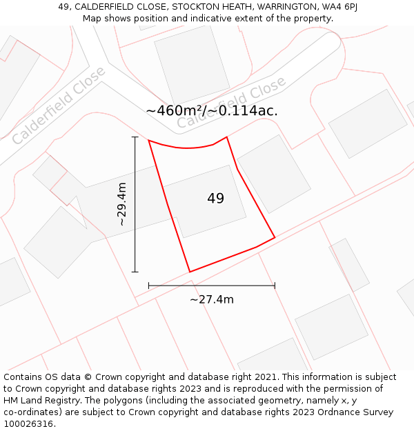 49, CALDERFIELD CLOSE, STOCKTON HEATH, WARRINGTON, WA4 6PJ: Plot and title map