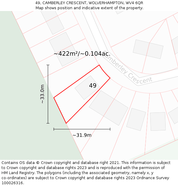 49, CAMBERLEY CRESCENT, WOLVERHAMPTON, WV4 6QR: Plot and title map
