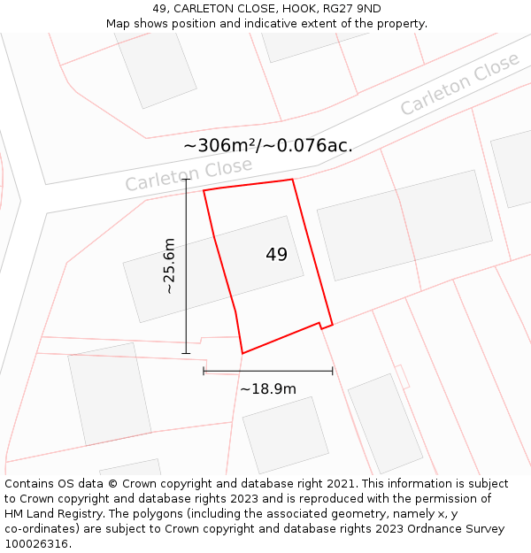 49, CARLETON CLOSE, HOOK, RG27 9ND: Plot and title map