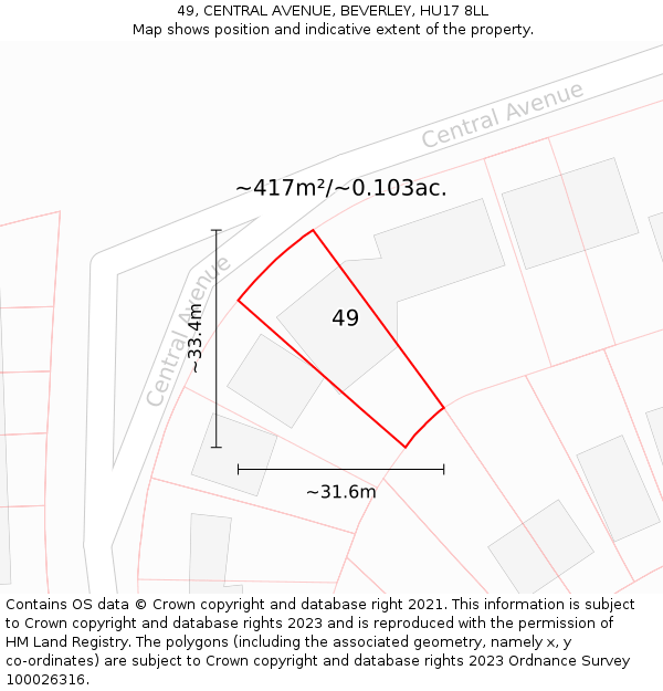 49, CENTRAL AVENUE, BEVERLEY, HU17 8LL: Plot and title map