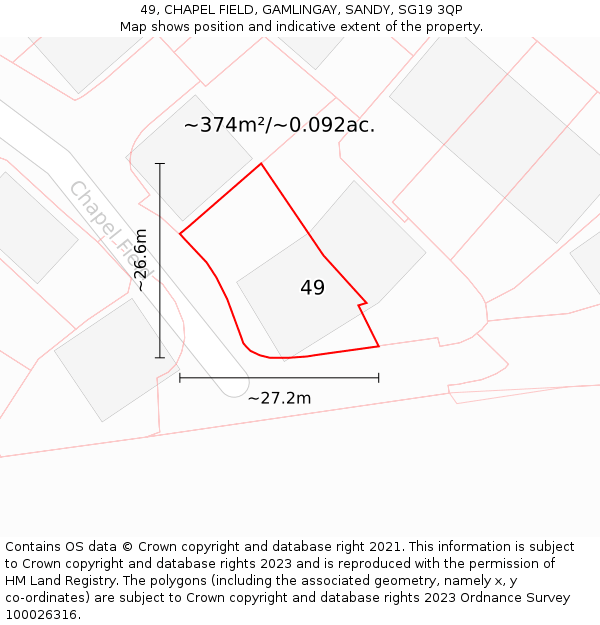 49, CHAPEL FIELD, GAMLINGAY, SANDY, SG19 3QP: Plot and title map