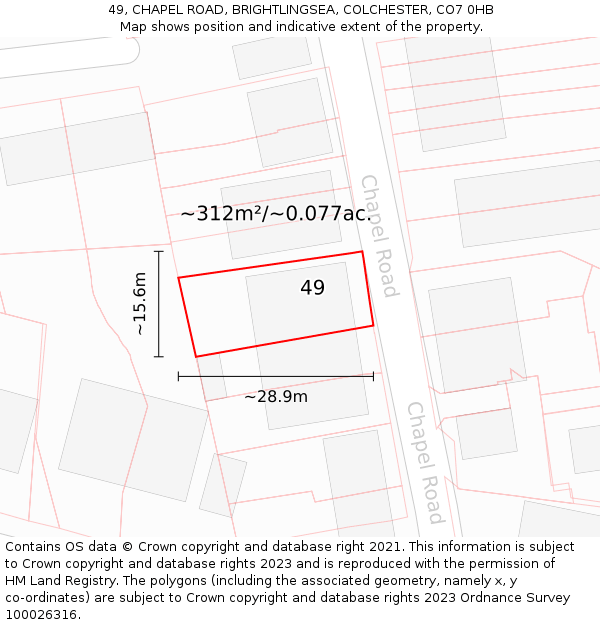 49, CHAPEL ROAD, BRIGHTLINGSEA, COLCHESTER, CO7 0HB: Plot and title map