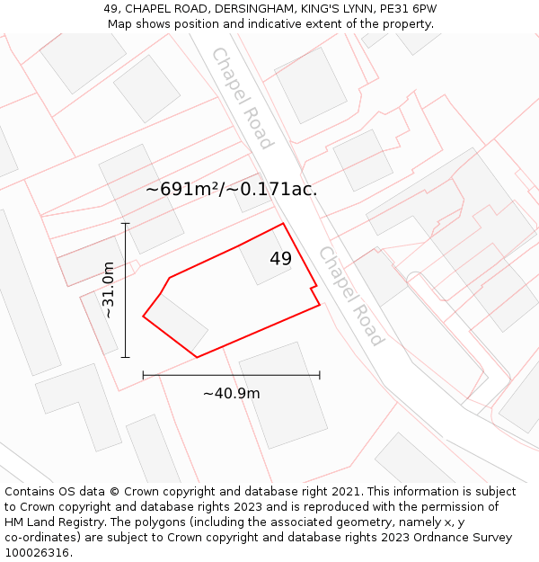 49, CHAPEL ROAD, DERSINGHAM, KING'S LYNN, PE31 6PW: Plot and title map