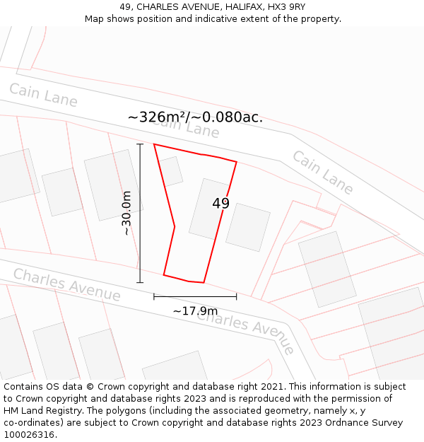 49, CHARLES AVENUE, HALIFAX, HX3 9RY: Plot and title map