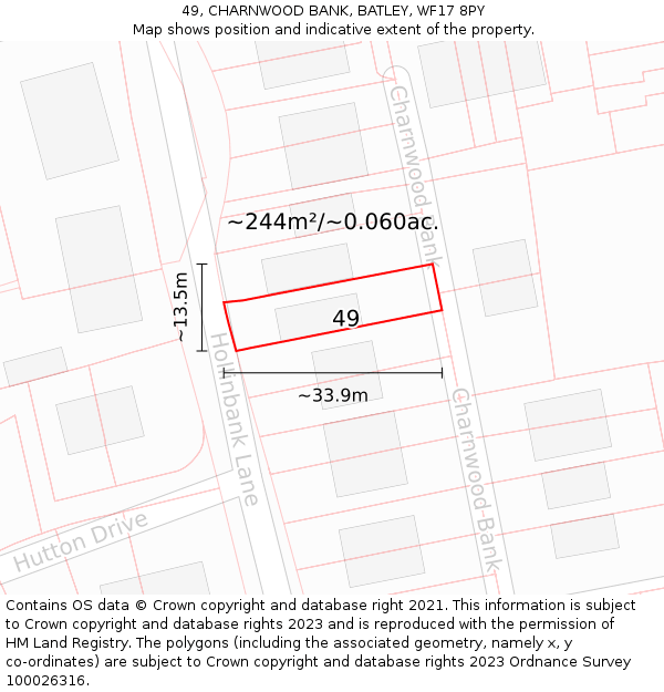 49, CHARNWOOD BANK, BATLEY, WF17 8PY: Plot and title map