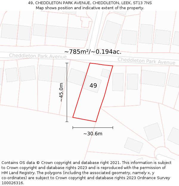 49, CHEDDLETON PARK AVENUE, CHEDDLETON, LEEK, ST13 7NS: Plot and title map