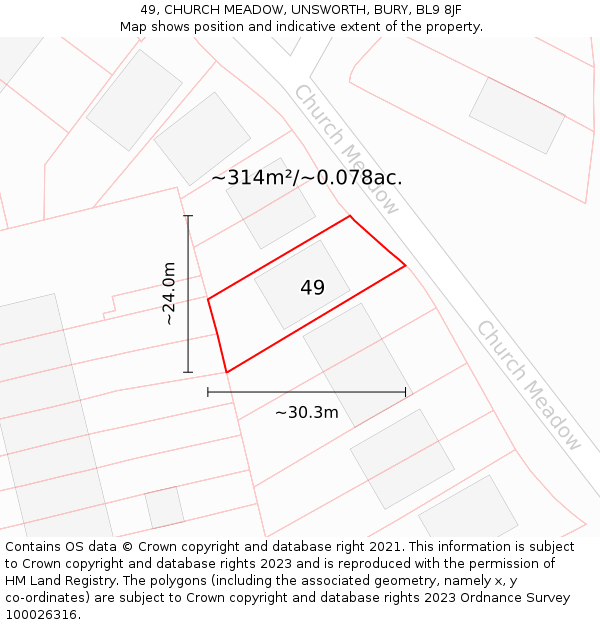49, CHURCH MEADOW, UNSWORTH, BURY, BL9 8JF: Plot and title map