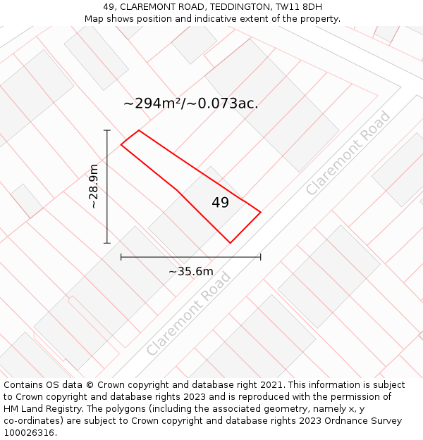 49, CLAREMONT ROAD, TEDDINGTON, TW11 8DH: Plot and title map
