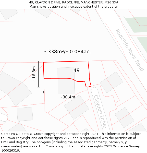 49, CLAYDON DRIVE, RADCLIFFE, MANCHESTER, M26 3XA: Plot and title map