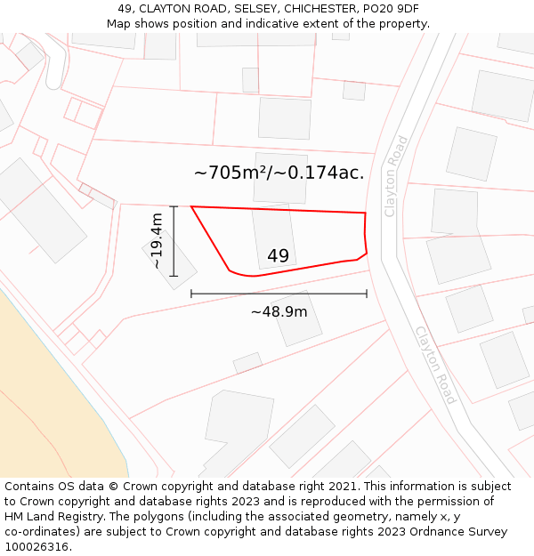 49, CLAYTON ROAD, SELSEY, CHICHESTER, PO20 9DF: Plot and title map