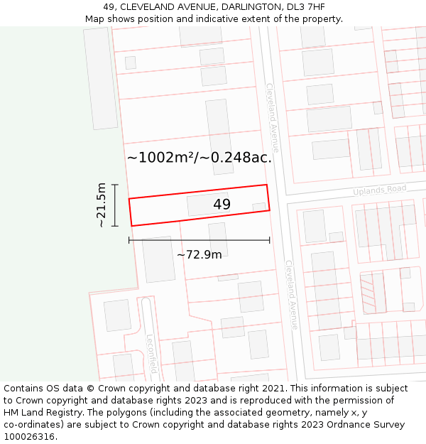 49, CLEVELAND AVENUE, DARLINGTON, DL3 7HF: Plot and title map