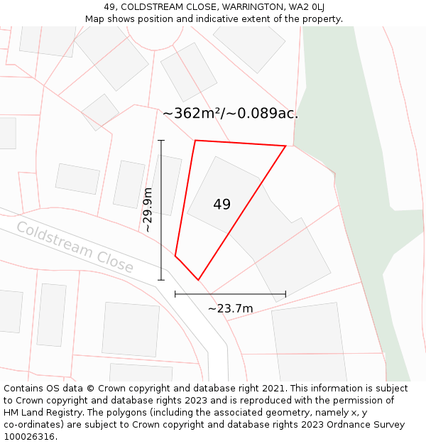 49, COLDSTREAM CLOSE, WARRINGTON, WA2 0LJ: Plot and title map