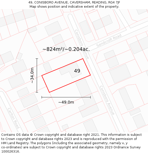 49, CONISBORO AVENUE, CAVERSHAM, READING, RG4 7JF: Plot and title map