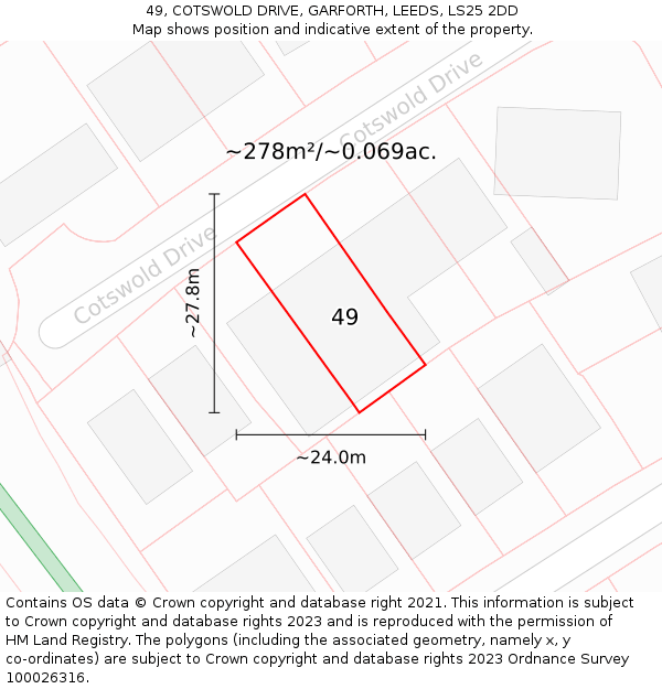 49, COTSWOLD DRIVE, GARFORTH, LEEDS, LS25 2DD: Plot and title map