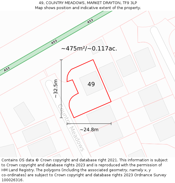 49, COUNTRY MEADOWS, MARKET DRAYTON, TF9 3LP: Plot and title map