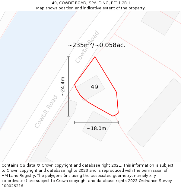 49, COWBIT ROAD, SPALDING, PE11 2RH: Plot and title map