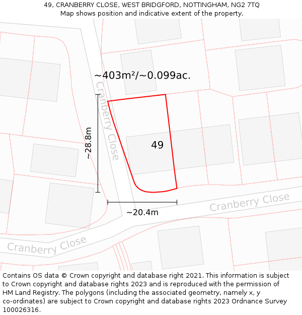 49, CRANBERRY CLOSE, WEST BRIDGFORD, NOTTINGHAM, NG2 7TQ: Plot and title map