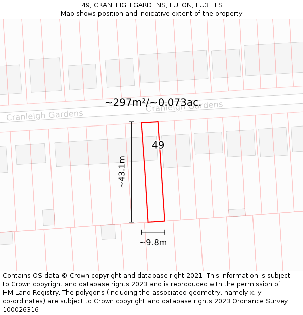 49, CRANLEIGH GARDENS, LUTON, LU3 1LS: Plot and title map