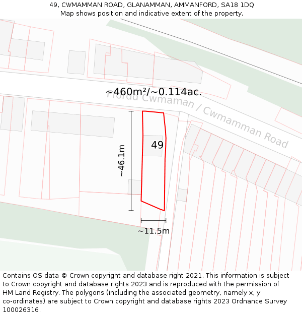 49, CWMAMMAN ROAD, GLANAMMAN, AMMANFORD, SA18 1DQ: Plot and title map