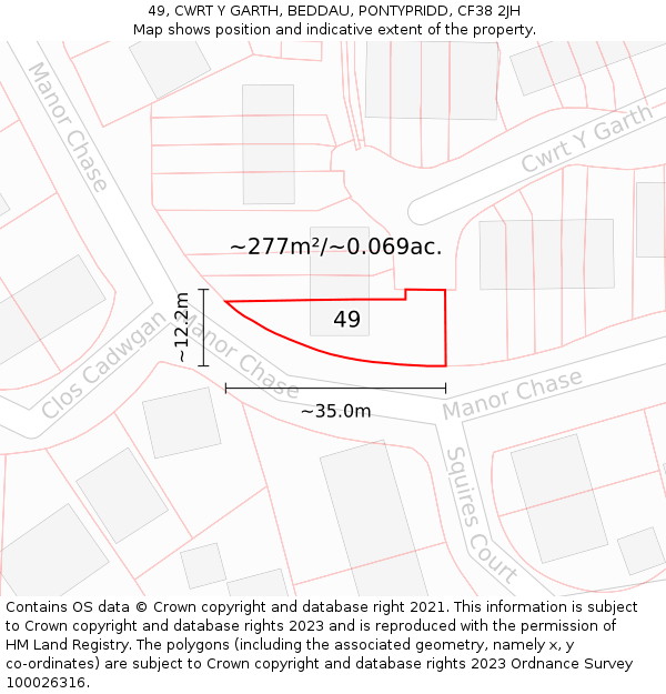 49, CWRT Y GARTH, BEDDAU, PONTYPRIDD, CF38 2JH: Plot and title map