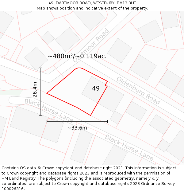 49, DARTMOOR ROAD, WESTBURY, BA13 3UT: Plot and title map