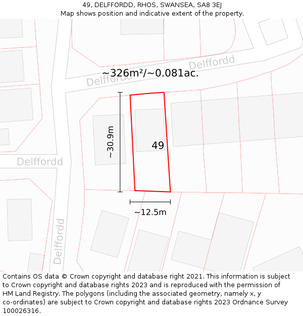 49, DELFFORDD, RHOS, SWANSEA, SA8 3EJ: Plot and title map