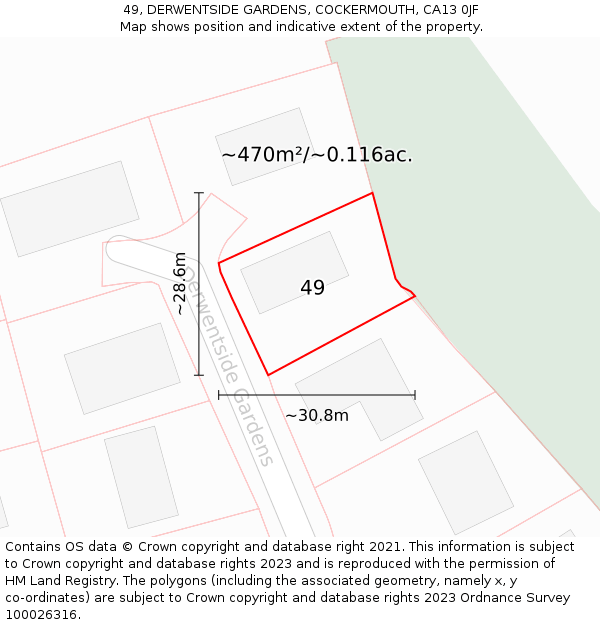 49, DERWENTSIDE GARDENS, COCKERMOUTH, CA13 0JF: Plot and title map