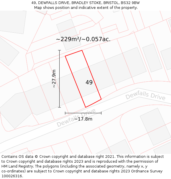 49, DEWFALLS DRIVE, BRADLEY STOKE, BRISTOL, BS32 9BW: Plot and title map