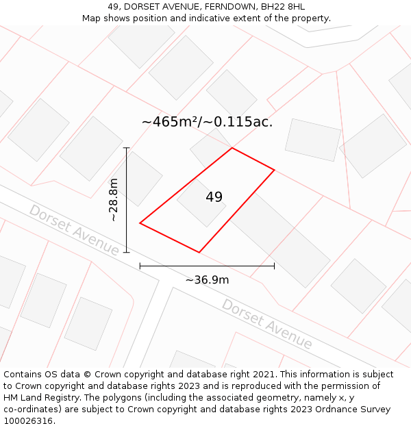 49, DORSET AVENUE, FERNDOWN, BH22 8HL: Plot and title map