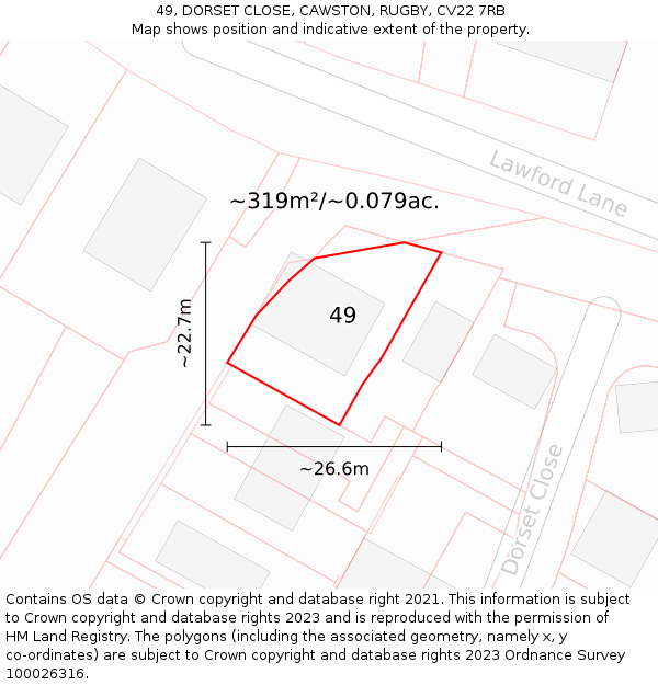 49, DORSET CLOSE, CAWSTON, RUGBY, CV22 7RB: Plot and title map