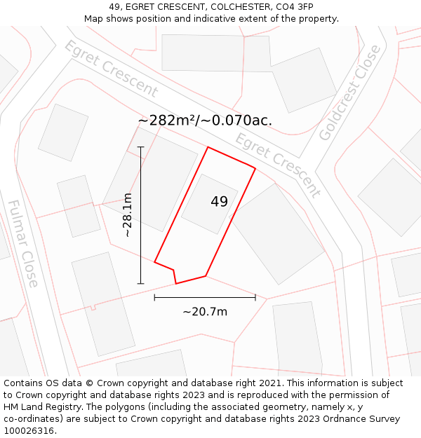 49, EGRET CRESCENT, COLCHESTER, CO4 3FP: Plot and title map