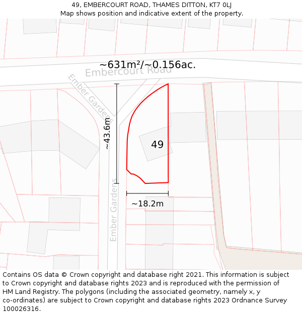 49, EMBERCOURT ROAD, THAMES DITTON, KT7 0LJ: Plot and title map