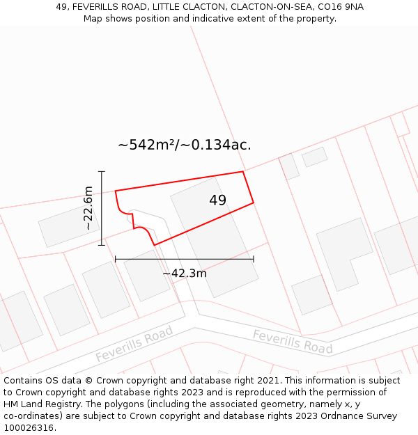 49, FEVERILLS ROAD, LITTLE CLACTON, CLACTON-ON-SEA, CO16 9NA: Plot and title map