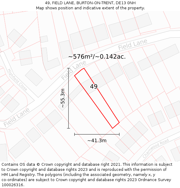 49, FIELD LANE, BURTON-ON-TRENT, DE13 0NH: Plot and title map