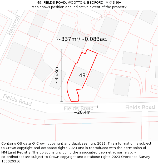 49, FIELDS ROAD, WOOTTON, BEDFORD, MK43 9JH: Plot and title map