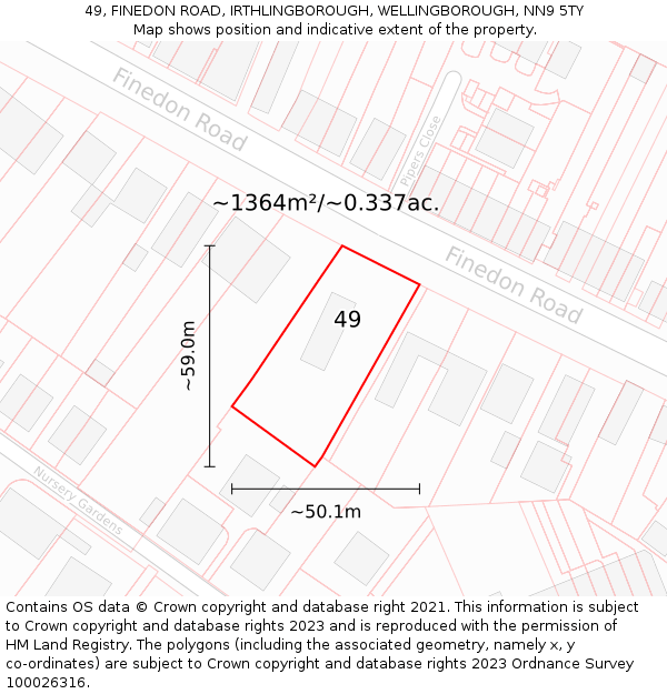 49, FINEDON ROAD, IRTHLINGBOROUGH, WELLINGBOROUGH, NN9 5TY: Plot and title map