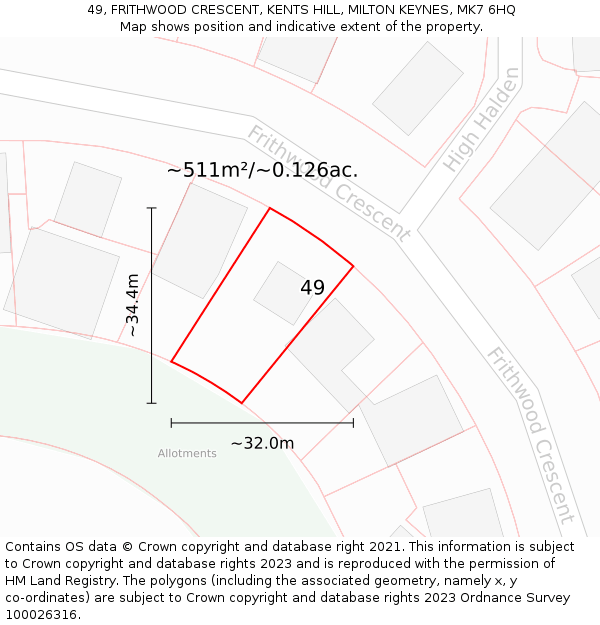 49, FRITHWOOD CRESCENT, KENTS HILL, MILTON KEYNES, MK7 6HQ: Plot and title map